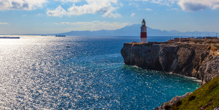Europa Point, the southernmost tip of Gibraltar with the Moroccan coast in the background across the Straits of Gibraltar