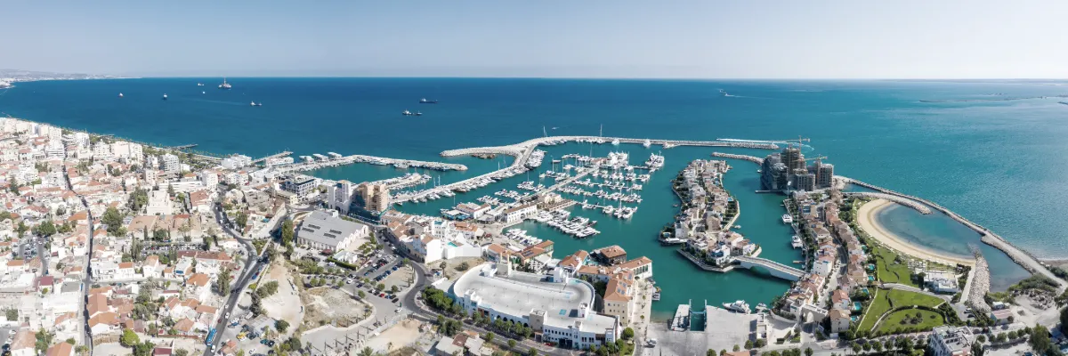 business buildings and residential homes on the coast of Cyprus
